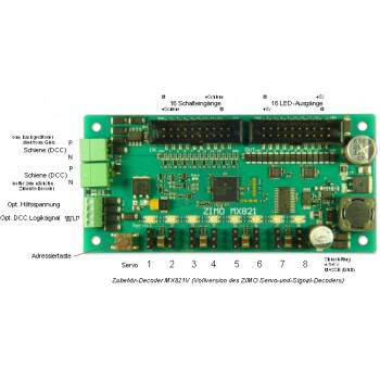 Zimo MX821V 8-fach Schaltdecoder für Weichen, Signale 16 Eingänge 16 Ausgänge 105x50x15mm 3A+1,6A